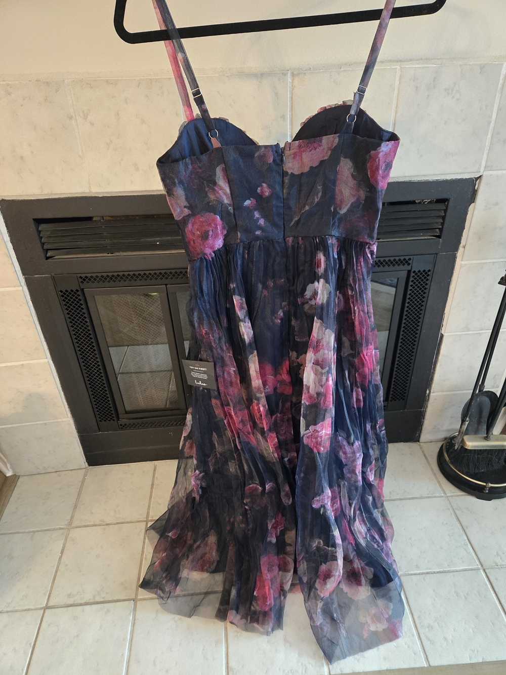 Lulu's Navy Floral Midi Dress with Rose Pink Blooms - Picture 2 of 4